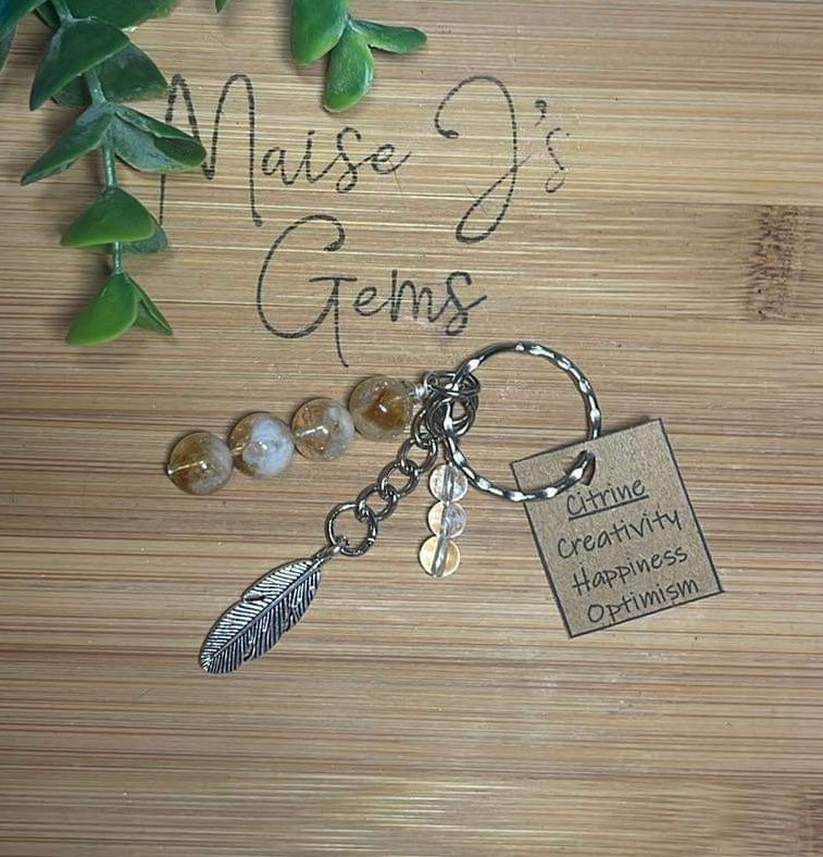 Citrine & Clear Quartz keyring with feather charm